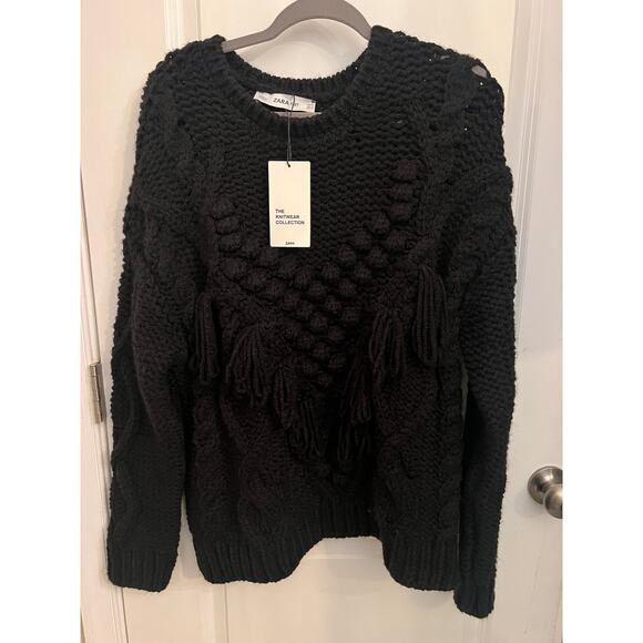 Zara Women's Black Cable Knit Fringe M Sweater Oversized Fisherman Whimsygoth - Picture 4 of 11